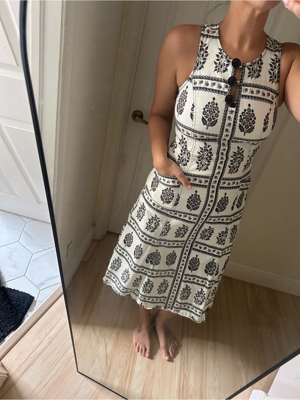 Anthropologie Cream Dress with Black Botanical Print